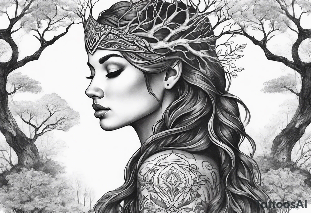 Forest goddess looking down side profile tree branches forming into her face middle arm sleeve tattoo idea
