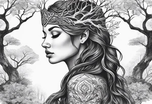Forest goddess looking down side profile  tree branches forming into her face middle arm sleeve tattoo idea