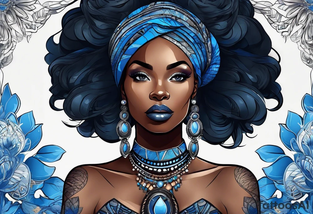 mulher iemanjá africana em preto e cinza com conchas marinhas, fundo da imagem com tons de azul tattoo idea