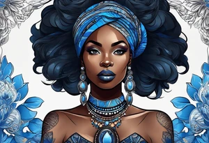 mulher iemanjá africana em preto e cinza com conchas marinhas, fundo da imagem com tons de azul tattoo idea