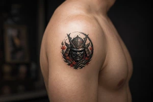 Pop black and grey samurai warrior mask, intricate details, shoulder tattoo idea