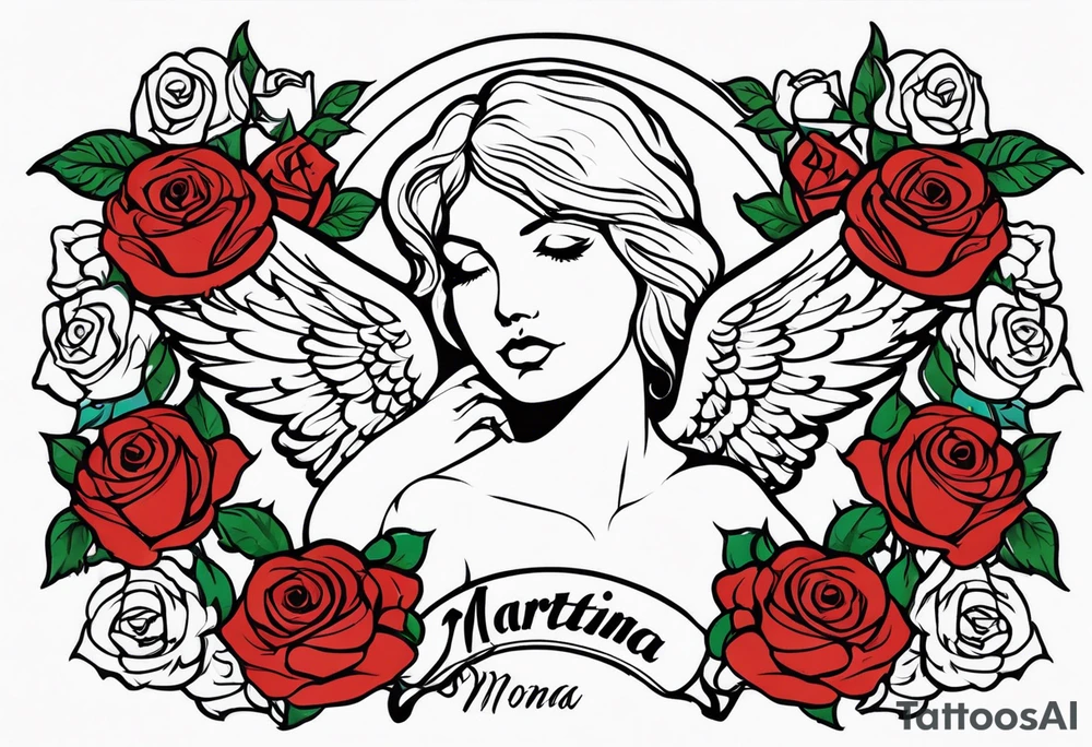 Angel, roses, name MARTINA tattoo idea