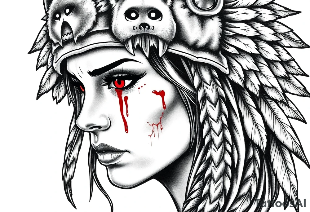 Beautiful Womans with red eyes, shedding a tear, with battle scars and blood on face, wearing a mean looking bear headdress on head tattoo idea