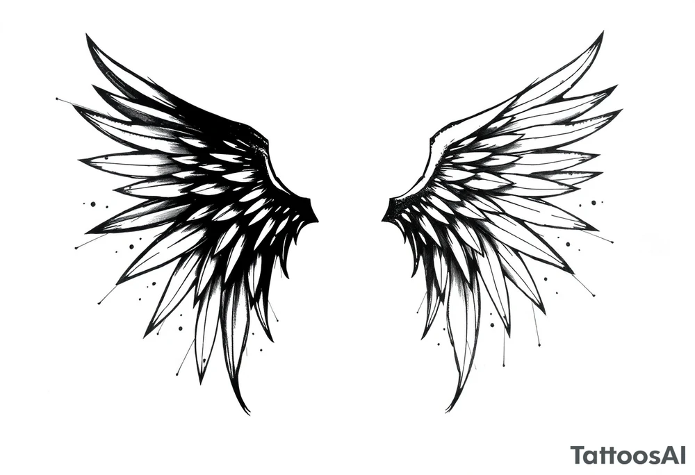 the wings go up

This tattoo design features a pair symmetrical angel wings drawn in black ink with a rough, sketch-like style. The left wing is darker, more defined, and appears denser, while the right wing is lighter, more delicate, and fragmented, creating a contrast between the two. The feathers are sharp and irregular, with fine lines and stray strokes extending outward, adding a raw and artistic feel. The overall look is dynamic and slightly chaotic, giving the impression of movement or an unfinished, ethereal form. This design symbolizes duality, freedom, transformation, or even struggle, making it a meaningful and visually striking tattoo. tattoo idea