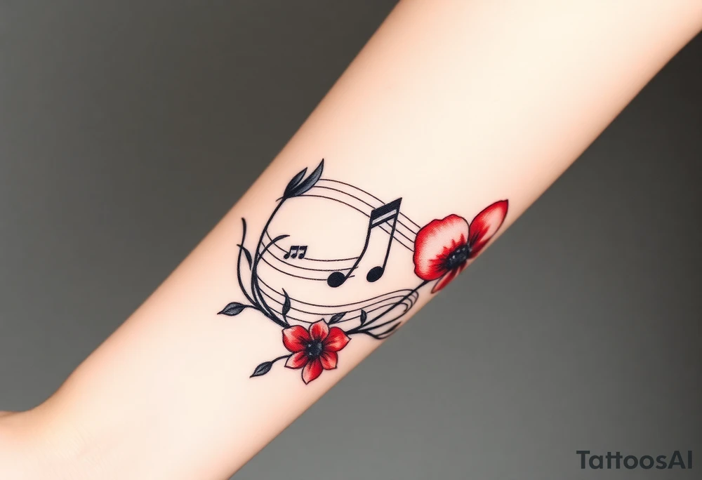 Red flowers with black music notes tattoo idea