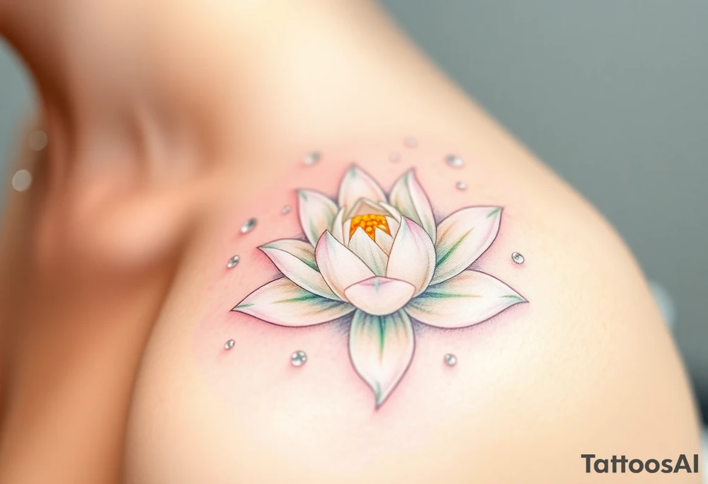 A delicate white water lily surrounded by sparkling droplets of water, symbolizing clarity and purity, with subtle pastel green and pink accents tattoo idea