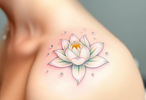 A delicate white water lily surrounded by sparkling droplets of water, symbolizing clarity and purity, with subtle pastel green and pink accents tattoo idea