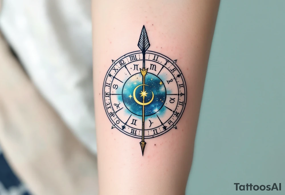 A Sagittarius arrow piercing through a detailed zodiac wheel. The wheel is adorned with all the zodiac signs, with the Sagittarius symbol shining brightly in the center in golden yellow. The background of the tattoo features soft teal and indigo to give it a cosmic, celestial feel. tattoo idea