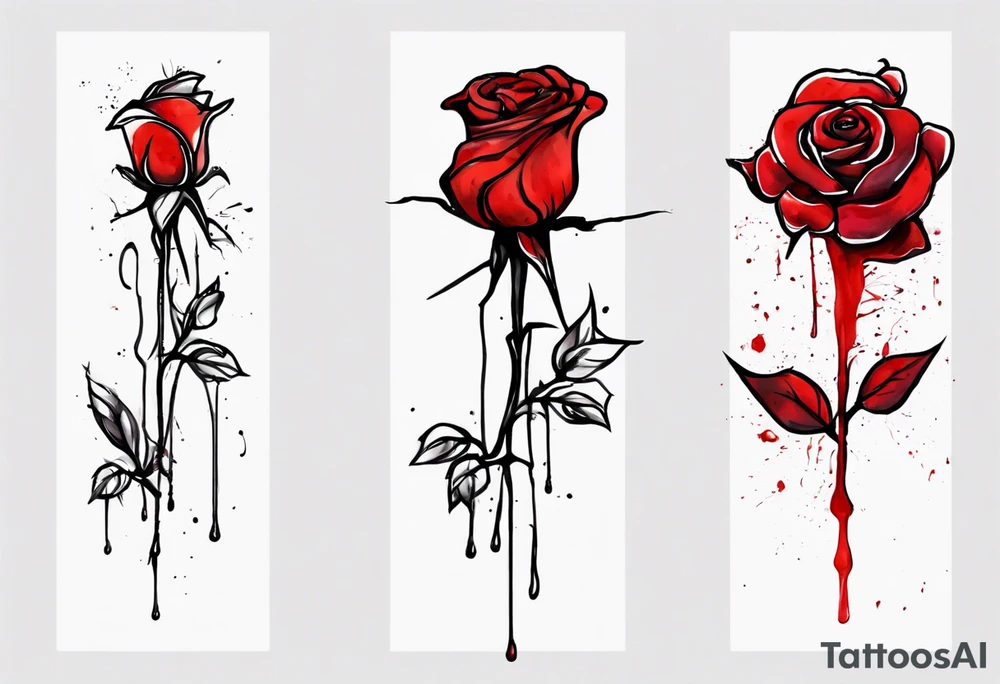 rose flower, one line, red blood dripping from the flower, tall, watercolor, with a small
 Christian cross as the stem tattoo idea
