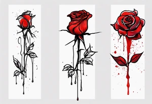 rose flower, one line, red blood dripping from the flower, tall, watercolor, with a small
 Christian cross as the stem tattoo idea