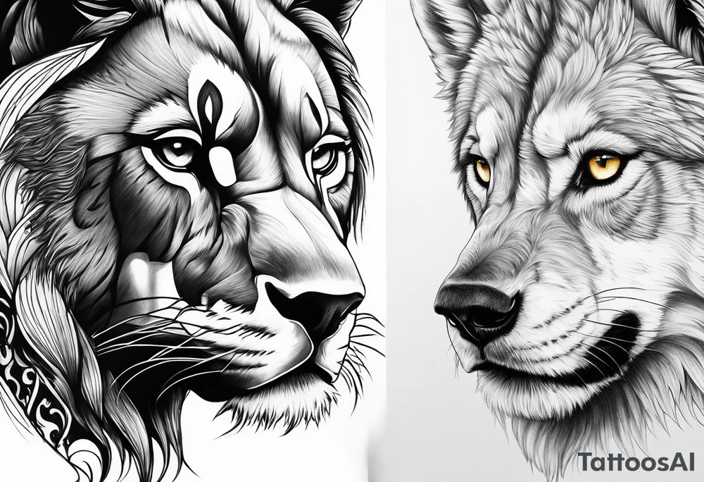 Half Lion eye half wolf eye side by side tattoo idea