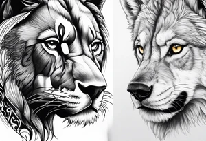 Half Lion eye half wolf eye side by side tattoo idea