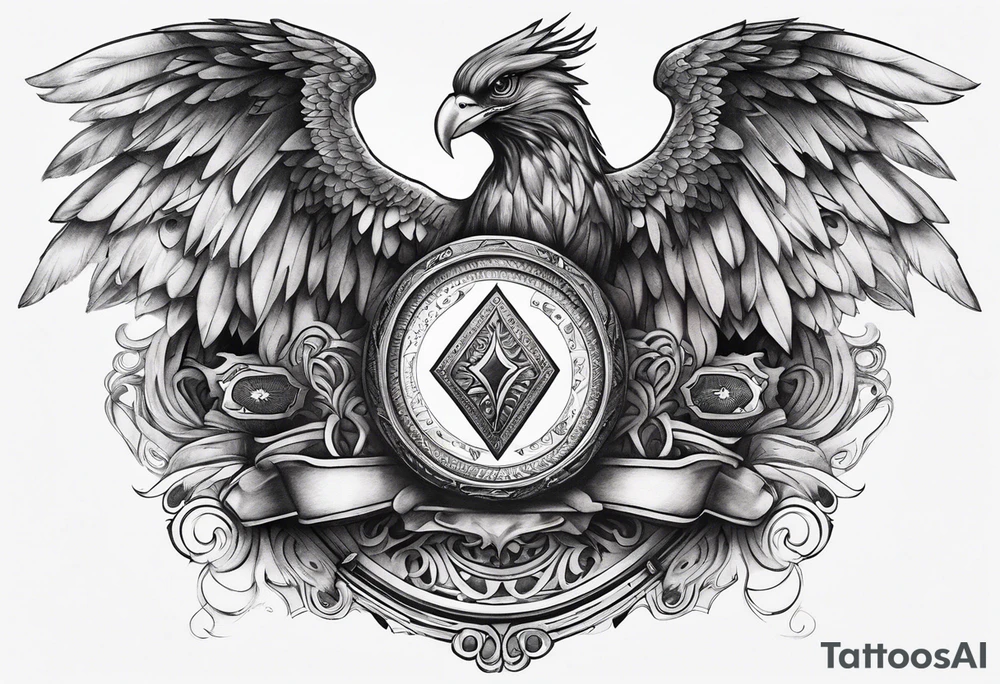 full chest tattoo with wings on shoulders with poker cards in the middle with shading tattoo idea