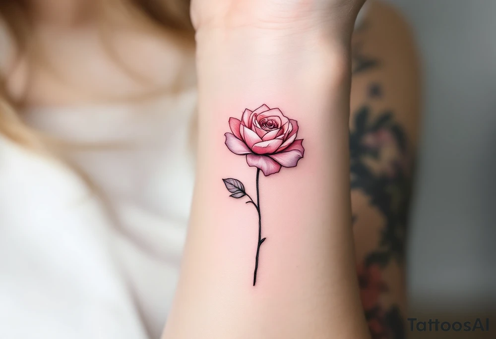 bouquet of fine-line rose with a thin black stem and soft dusty pink petals, minimal and elegant on the wrist. tattoo idea