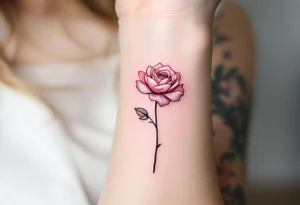bouquet of fine-line rose with a thin black stem and soft dusty pink petals, minimal and elegant on the wrist. tattoo idea