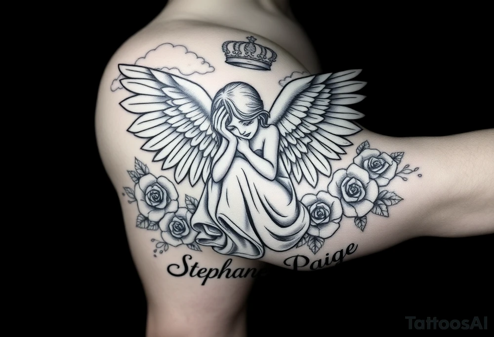 A beautiful memorial tribute tattoo with a fallen angel with big beautiful wings kneeled down crying with roses all around and clouds above and beams of haven shining down. With the saying " You were my favorite hello,and my hardest goodbye.Until we meet again,my sweet girl,rest easy" with the name Stephanie Paige underneath the saying ,all in bold beautiful writing or font. Add a bold crown at the top of it all and any extras you feel would blend or go with this idea. tattoo idea