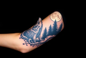 Lone wolf howling at the moon in the forest in the night Columba star tattoo idea