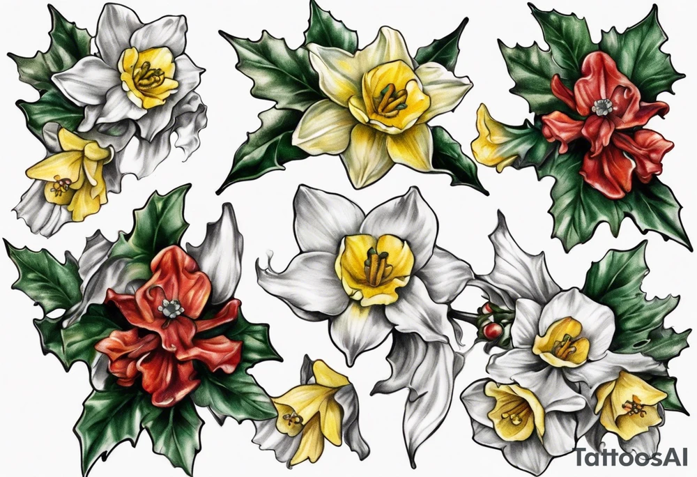 OAKLEE with Narcissus and holly flowers tattoo idea