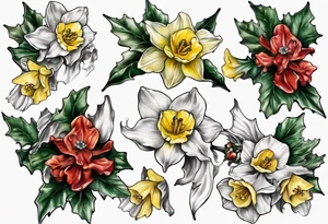OAKLEE with Narcissus and holly flowers tattoo idea