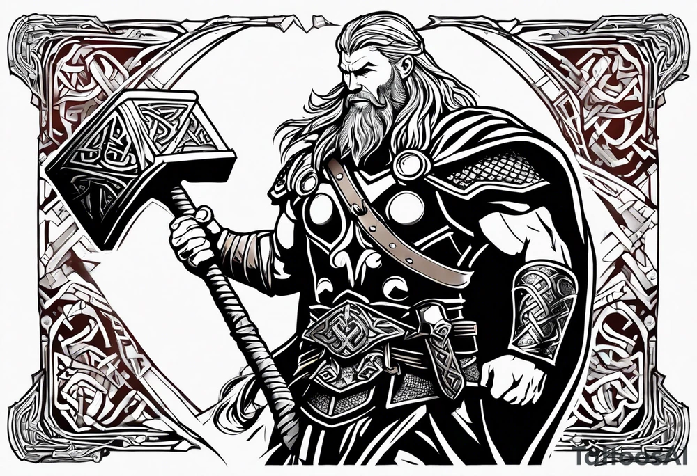Thor with him holding mjolnir and a vignette of viking rune design tattoo idea