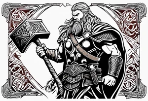 Thor with him holding mjolnir and a vignette of viking rune design tattoo idea