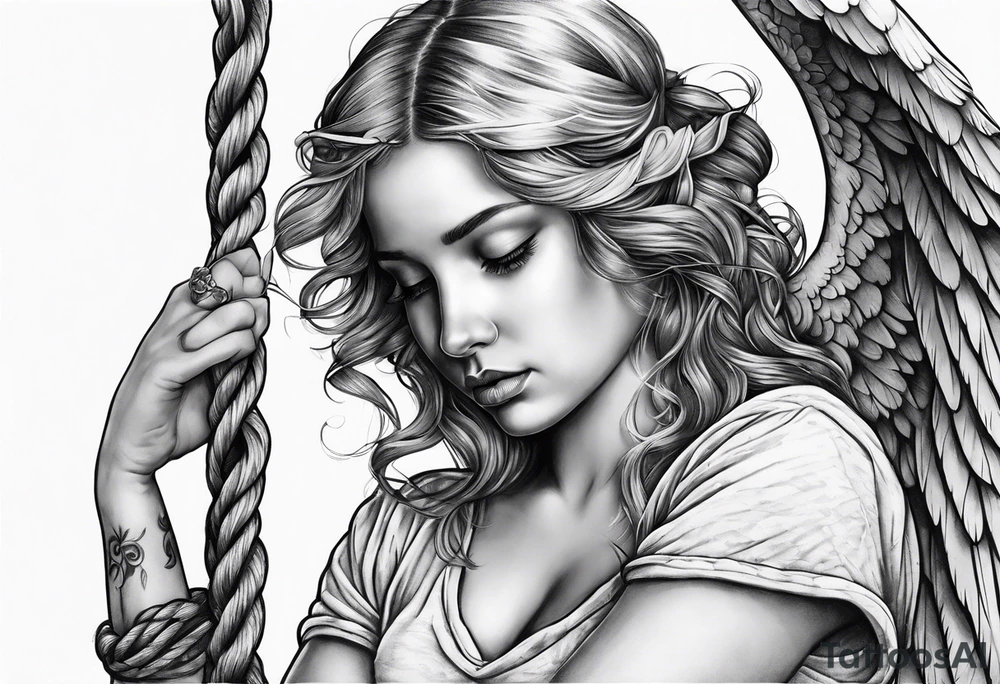 sad angel on swing tattoo idea