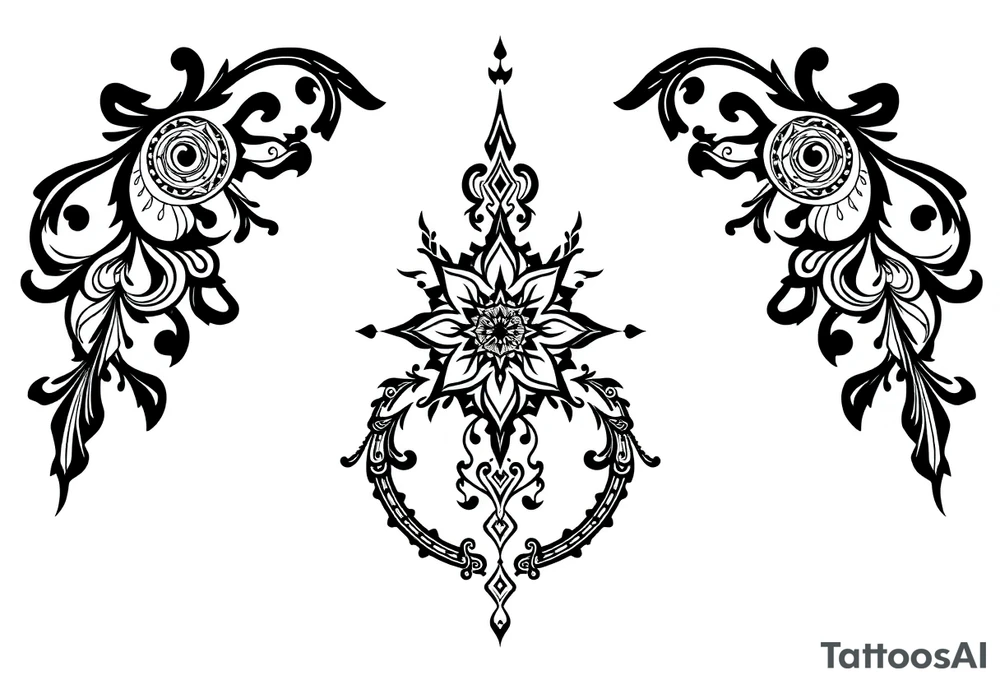 mystical long ornament tattoo with shaman and witch style and ancient rhyme tattoo idea