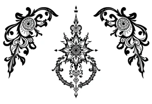 mystical long ornament tattoo with shaman and witch style and ancient rhyme tattoo idea