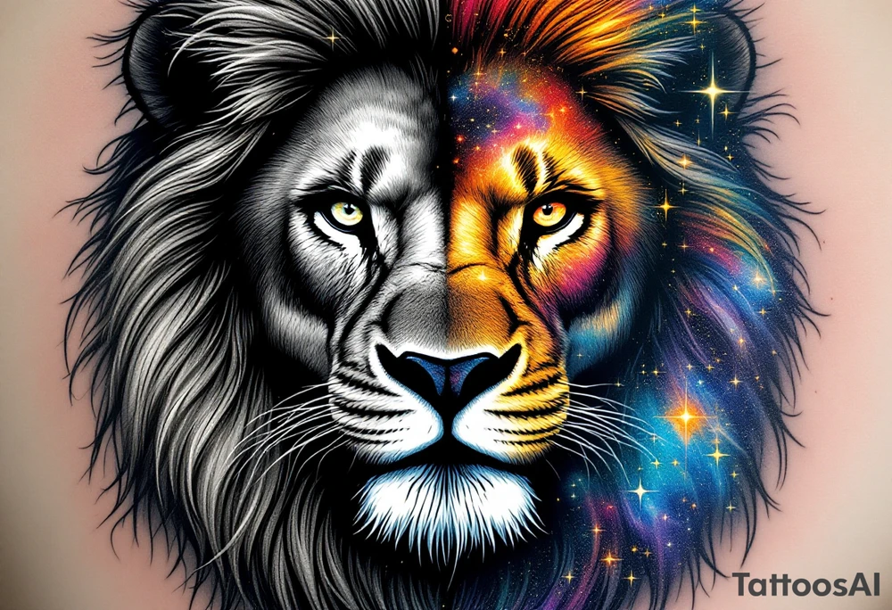 A realistic lion face is split down the middle, one half in grayscale and the other filled with Leo’s star constellation and colorful galaxies. tattoo idea