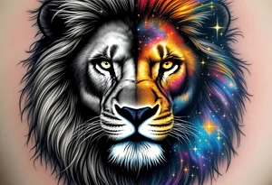 A realistic lion face is split down the middle, one half in grayscale and the other filled with Leo’s star constellation and colorful galaxies. tattoo idea