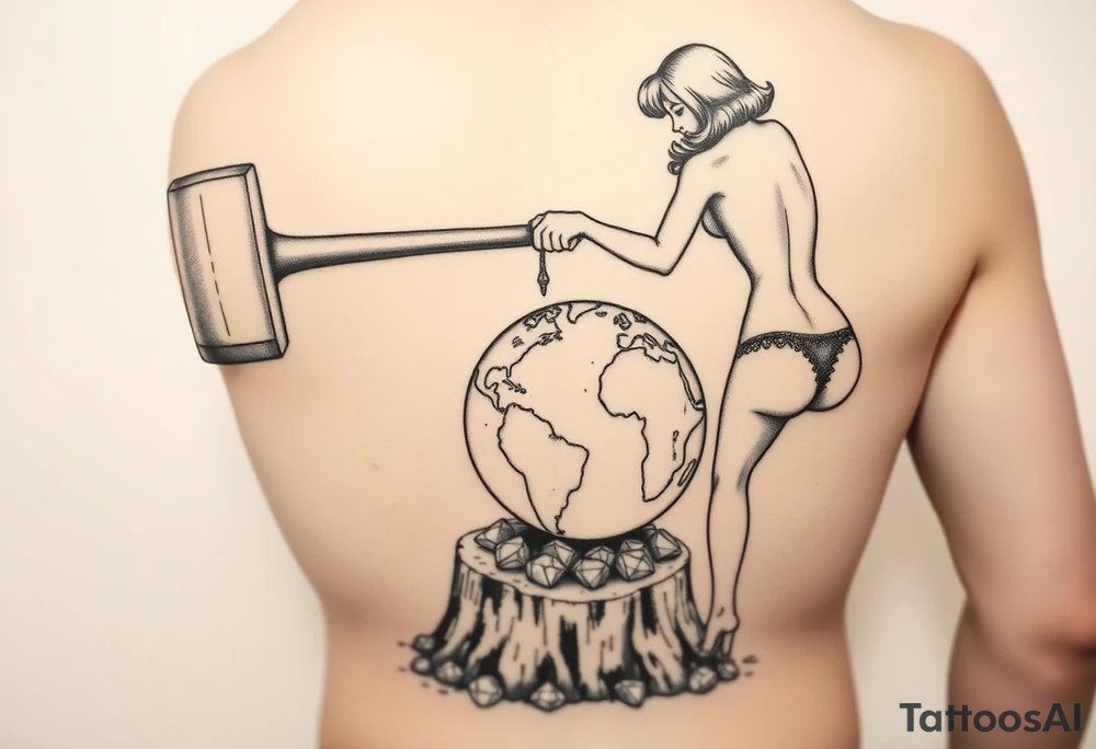 pin up girl wearing a g string thong, the pin up girl is swinging a very large headed mallet onto a small version of the earth globe, the earth globe is on top of a tree stump, the earth globe is in contact with the  mallet and being compressed by the mallet, and at the base of the stump is a pile of diamonds. Her short shorts are not covering her butt all the way. She is facing me with her breast bare and out. tattoo idea