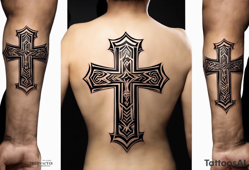 Tribal Tattoo: A refined cross with a soft halo on top of it, symbolizing light and spirituality. Delicate rays extend outward from the halo, adding a subtle glow and depth. The cross itself is simple and elegant, with potential for small, intricate line details within the design. Style: Tribal tattoo idea