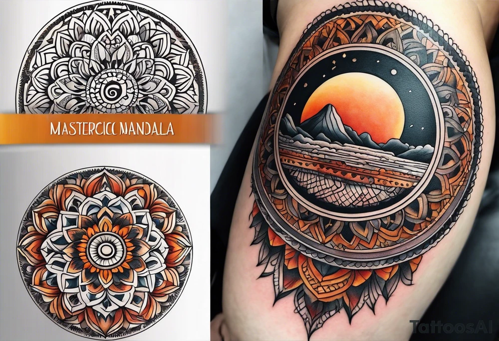simple male moon mandala Knee tattoo in fall colors tattoo idea