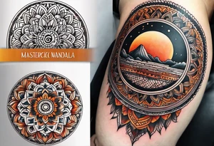 simple male moon mandala Knee tattoo in fall colors tattoo idea