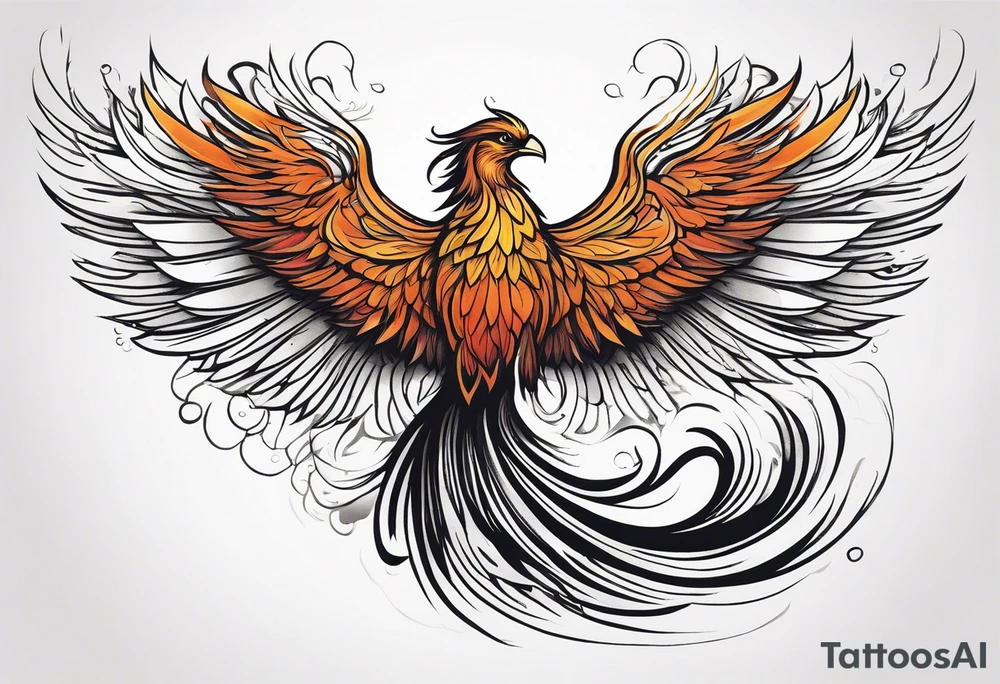 Tattoo: A powerful, majestic phoenix, depicted mid-flight or rising, with wings extended and feathers flowing. Deep shading and intricate details to bring out the texture and motion of the feathers. tattoo idea