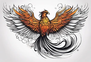 Tattoo: A powerful, majestic phoenix, depicted mid-flight or rising, with wings extended and feathers flowing. Deep shading and intricate details to bring out the texture and motion of the feathers. tattoo idea