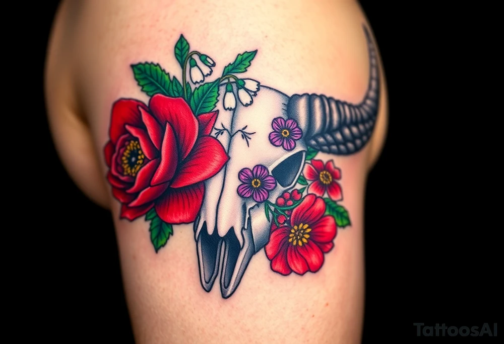 Buffalo or bison skull with flowers. Red Peony, snowdrop, green holly with red berries, purple larkspur,  red peony. Colour. For upper arm or shoulder. Masculin. tattoo idea