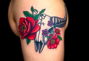 Buffalo or bison skull with flowers. Red Peony, snowdrop, green holly with red berries, purple larkspur,  red peony. Colour. For upper arm or shoulder. Masculin. tattoo idea