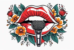 lips singing old school vintage traditional
flowers around and mouth next to microphone
bold and colorful simple design tattoo idea