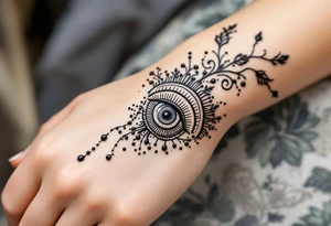 Indian style Henna tattoo for the inner wrist include the word pain and an eye tattoo idea