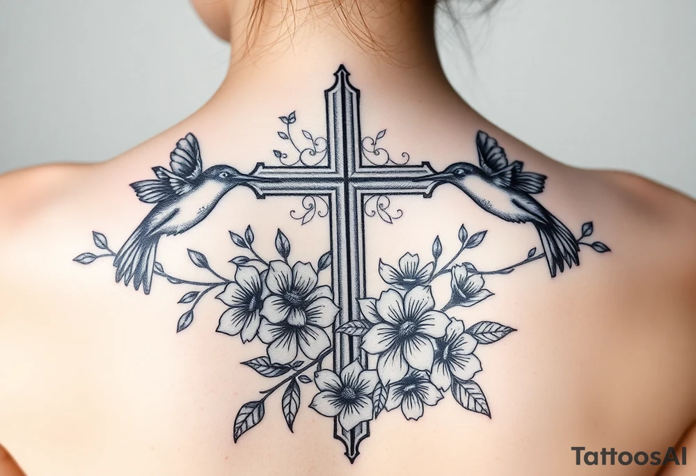 cross surrounded by hummingbirds and flowers tattoo idea