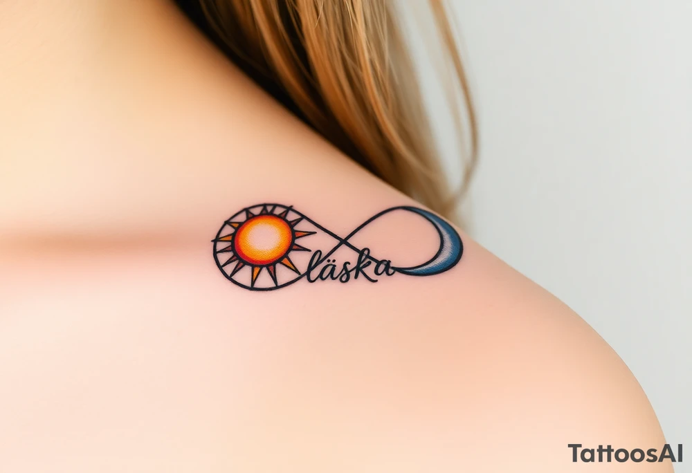 A moon-and-sun-themed infinity symbol, where one side features a golden sun and the other a silvery crescent moon, with the word "láska" written in between tattoo idea