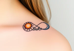 A moon-and-sun-themed infinity symbol, where one side features a golden sun and the other a silvery crescent moon, with the word "láska" written in between tattoo idea