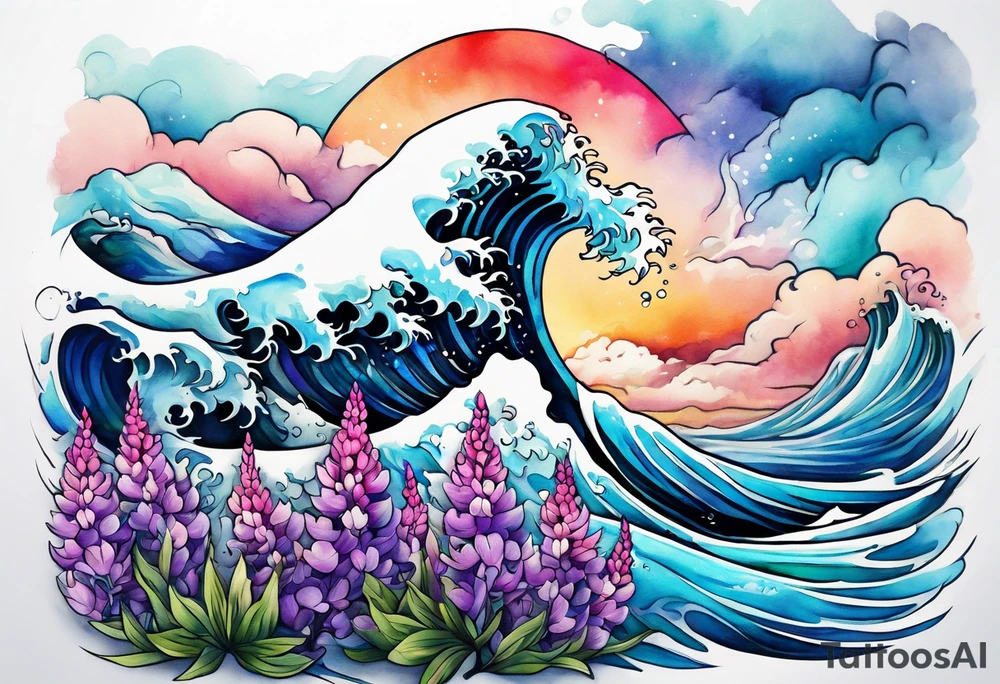 ocean wave with lupine and fireweed tattoo idea