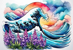 ocean wave with lupine and fireweed tattoo idea