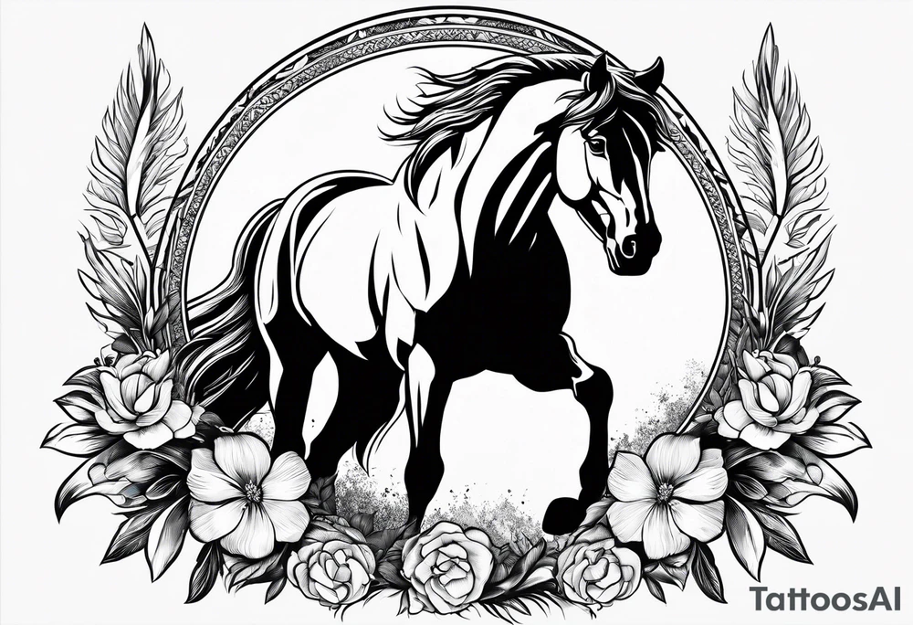 Wild horse, mountain background, feather, flowers, western tattoo idea