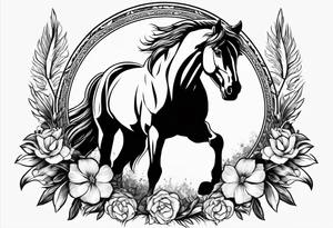 Wild horse, mountain background, feather, flowers, western tattoo idea