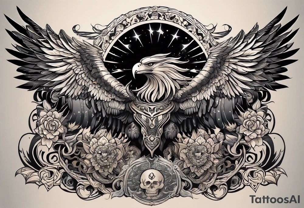 black kali, goddess pirate, alien, angel, pachamama, valkrye, warrior, flying, skull, lotus azul, wing, eagle, zenza resonance, stars, 5D, anahata chakra, death, durga, riding on a tiger, flying lady tattoo idea