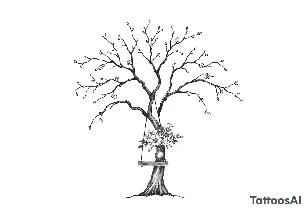 Willow tree with 7 branches with a swing hanging from one with florals tattoo idea