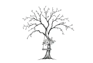 Willow tree with 7 branches with a swing hanging from one with florals tattoo idea